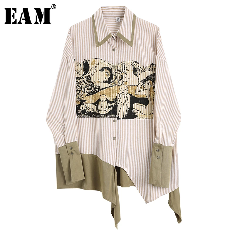  [EAM] 2020 New Autumn Winter Lapel Long Sleeve Print Pattern Irregular Button Personality Shirt Wom