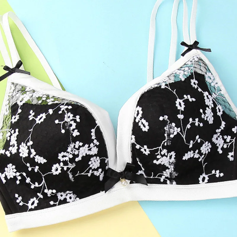 GUMPRUN Elegant Women Bra Set Wire Free Embroidery Floral Bra Panties Set Net Yarn Stitching Cute Bow Lingerie Suit Underwear GUMPRUN Elegant Women Bra Set Wire Free Embroidery Floral Bra Panties Set Net Yarn Stitching Cute Bow Lingerie Suit Underwear