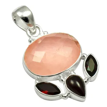 

Lovegem Genuine Rose Quartz & Garnet Pendant 925 Sterling Silver , 37 mm, A4172
