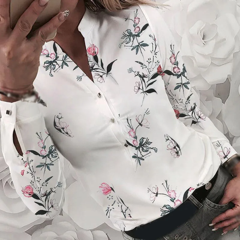 

Women Tops Casual Ladies Blouse Lapel Collar Work Office Slim Long Sleeve Floral Printed Female Tops