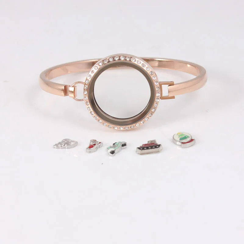 

Stainless Steel Rose gold Floating Locket Bangles With Rhinestone Round Screw Plain Floating Living Locket Bracelets Bangles