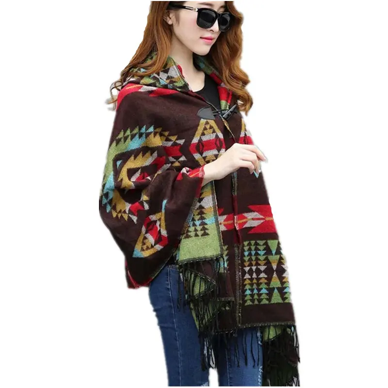 Бахрома с геометрическим принтом кардиган-свитер для девочек зимняя верхняя одежда с капюшоном Одеяло Для женщин пончо, плащ с капюшоном