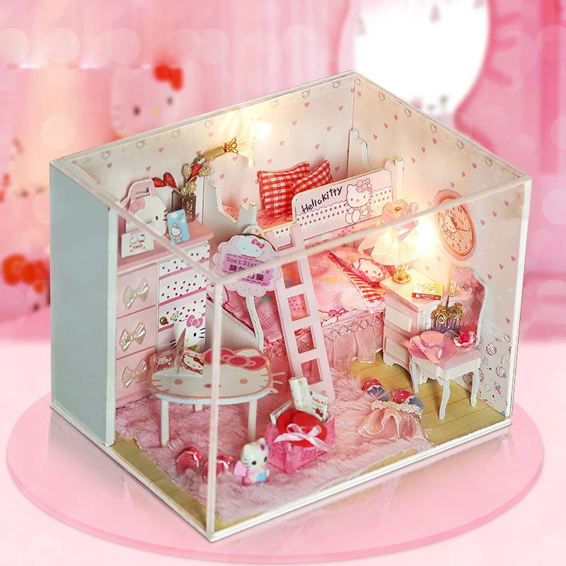 

DIY Doll House Miniature With Furnitures 3D LED Wooden Kitty Cat Princess Room Creative Handmade Dollhouse Toy Gifts Q003 #E