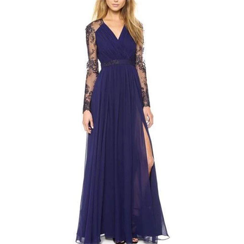 

Long Dress Chiffon Stitching Lace Vestido V-neck long-sleeved Hollow Pleated Dresses Clothing Vestidos LBD5088