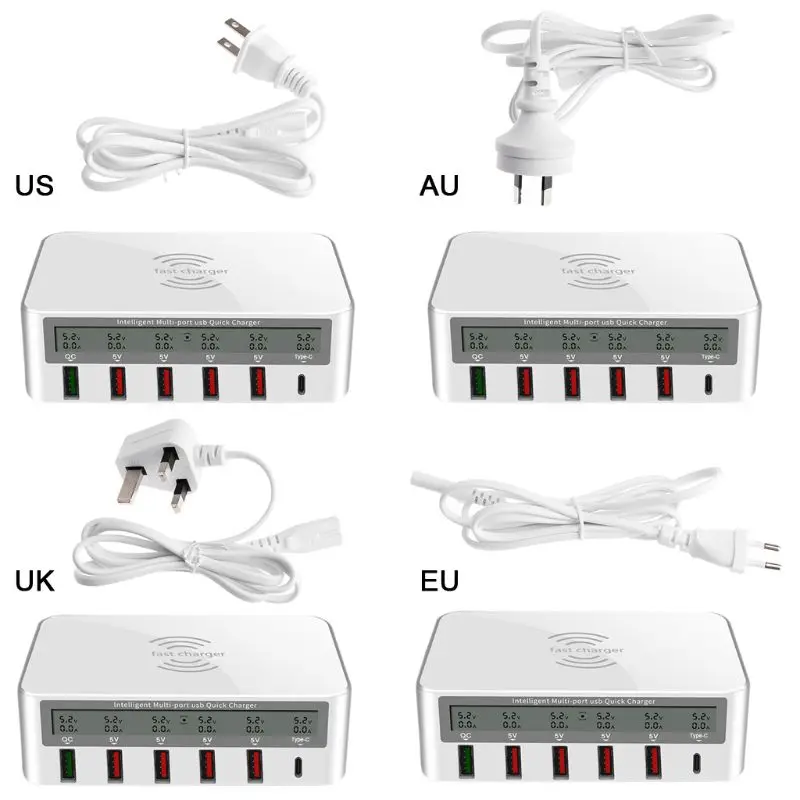 7-в-1 Тип C USB QC 3,0 Быстрая Зарядка Qi Беспроводной Зарядное устройство с ЖК-дисплей Напряжение ток Дисплей для iPhone samsung huawei телефон планшет