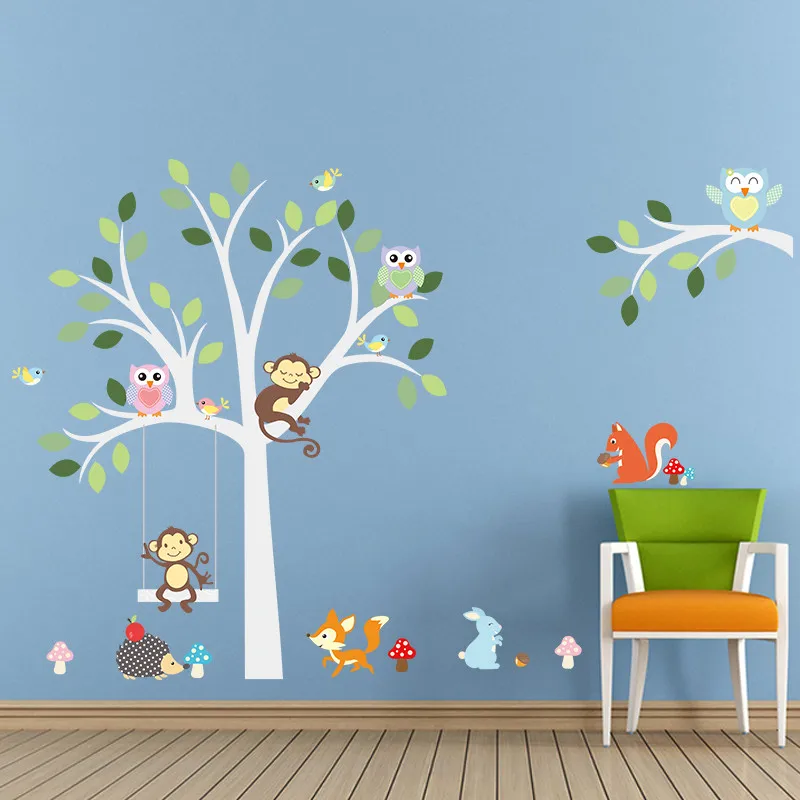 white tree wall stickers fox owls monkey sleep swing for kids children room birds wall decal vinyl sticker nursery room decor - Monkey Bedroom Decor white tree wall stickers fox owls monkey sleep swing for kids children room birds wall decal vinyl sticker nursery room decor - Monkey Bedroom Decor