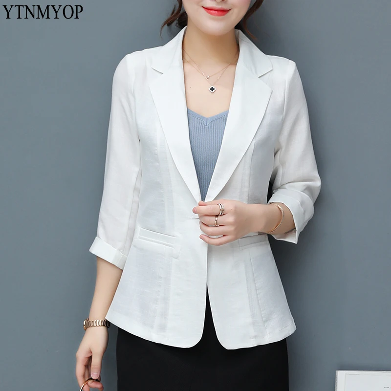 

YTNMYOP Solid White Linen Blazer Women Three Quarter Sleeve Summer Suit Coat One Button Slim Office Lady Blazer Jacket