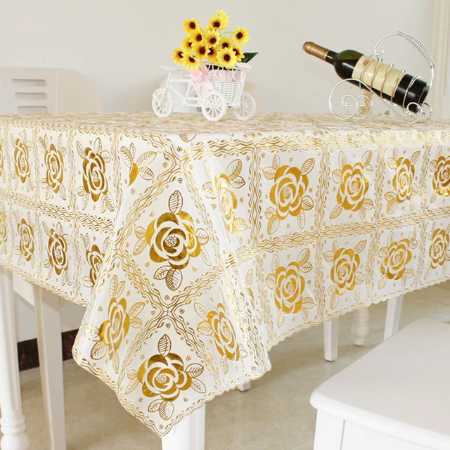 transparent pvc tablecloth rose flower design gold soft pvc table cloth