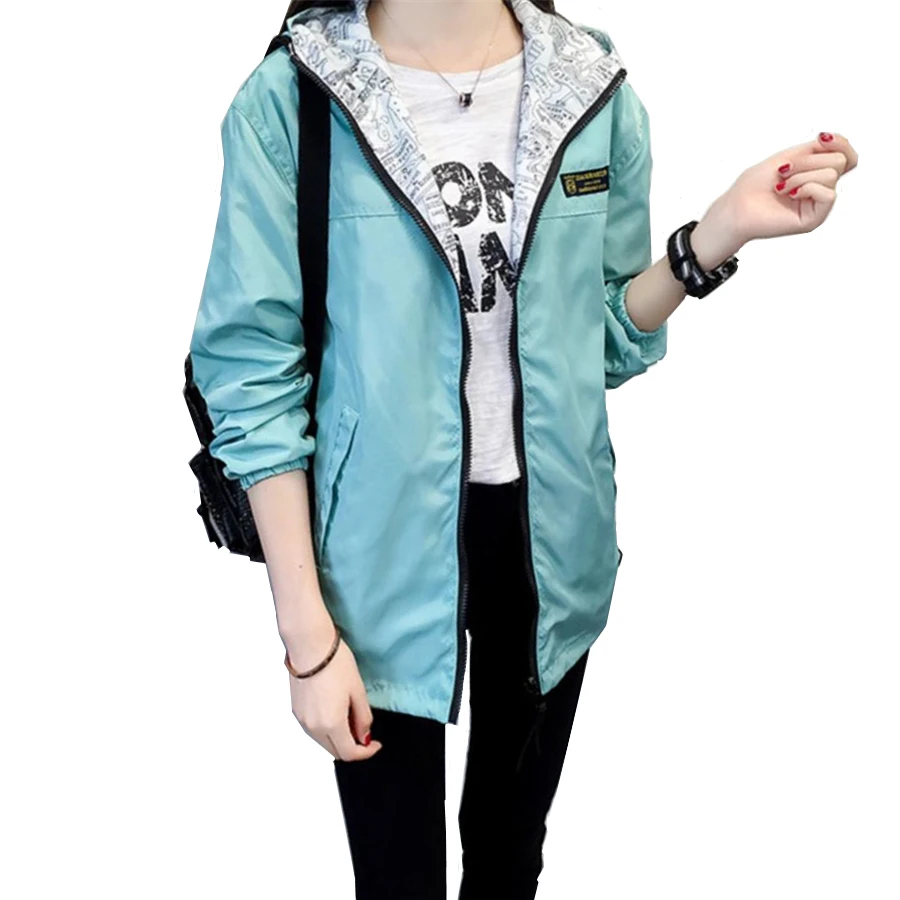 Beste Lente Herfst Vrouwen Bomber Basic Jas Vrouwen Pocket Rits Hooded Twee Side Wear Cartoon Print Uitloper Losse Jas Vrouwen Jas
