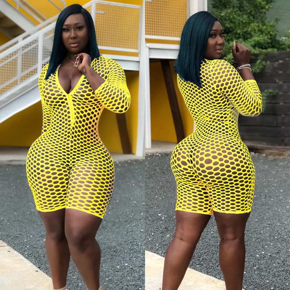 

Summer Hollow Out Outfits Romper Women Sexy Zipper See Though Jumpsuit Short Night Club V Neck Body Suit