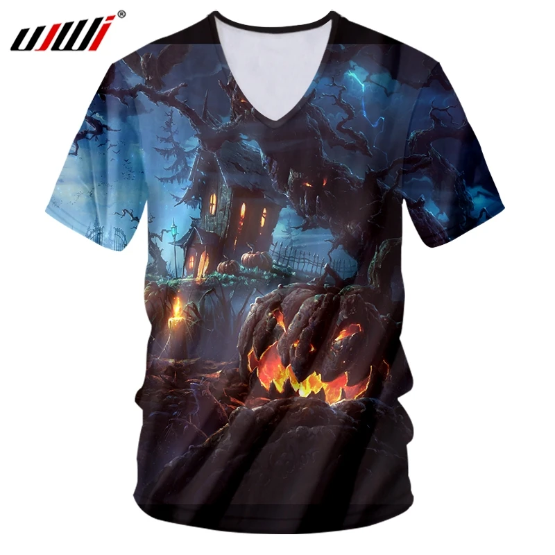 UJWI Halloween Forest Terror Castle Ghost Men's V Neck Tshirt 3D Printed Big Mouth Flame Pumpkin Man Large Size T-shirt 6XL | Мужская