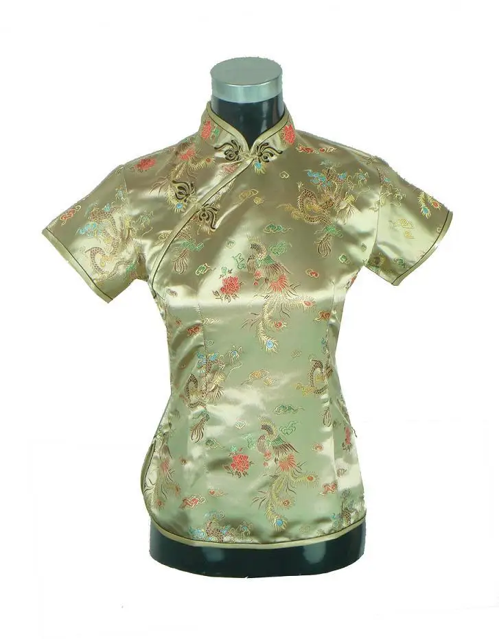 Темно-синяя винтажная китайская женская шелковая рубашка Новинка Дракон Тан костюм Топы Блузка ручной работы Mujere Camisa S M L XL XXL - Цвет: Gold