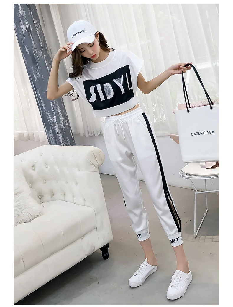 

Casual Women's Sets Wide Short Sleeves Letter Printed Hollow Out Short T-Shirts+Elastic Waist Striped Long Pants 2-pieces Sets