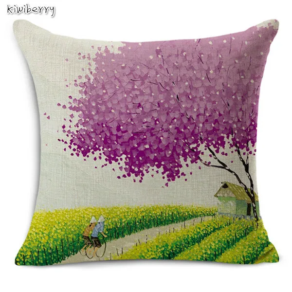 

Nordic Car Seat Cushion Cover Colorful Tree Print Linen Decorative Pillows Bamboo Home Decoration Pillow Cover Coussin Licorne