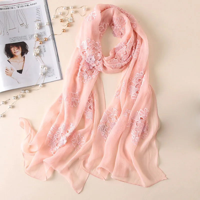 

100% Pure Silk Scarf Fashion Embroidery Women Real Silk Scarves for 2019 Soft Lady Pashmina Shawls Bandana Foulard Hijabs