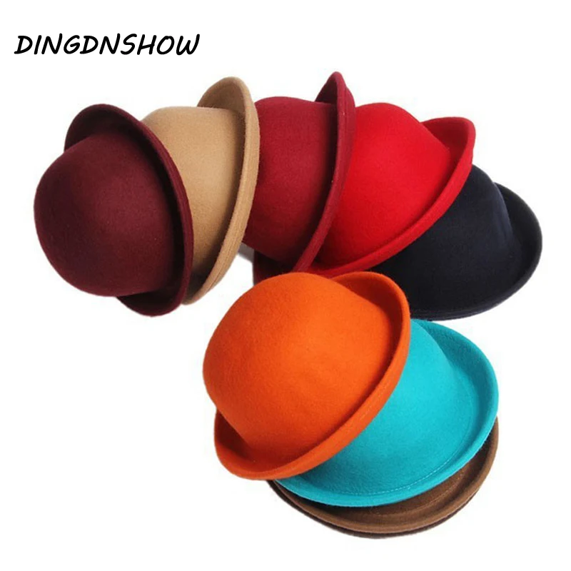 DINGDNSHOW 2019 модные зимние шляпа Федора Винтаж леди милые дети Мода шляпа-котелок из шерстяного войлока Дерби широкополые шляпы для девочек и мальчиков - изображение