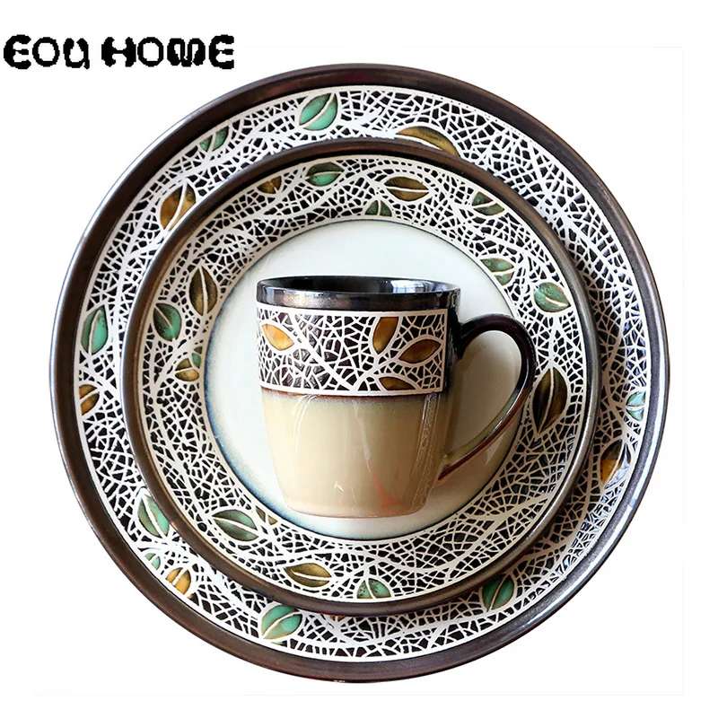 

European Retro Ceramic Dinnerware Sets Creative Bowls Cup Set Home Rice Bowl Salad Bowl Dinner Plates Western Dish Breakfast Cup