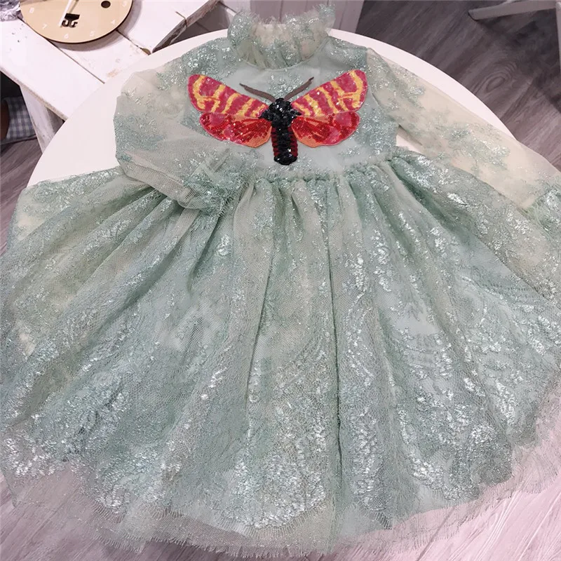 

Girls Blue Solid Dress For Girls With Butterfly Embroidery Formal Lace Dresses Party Princess Dress Costume for Baby Girl Kids