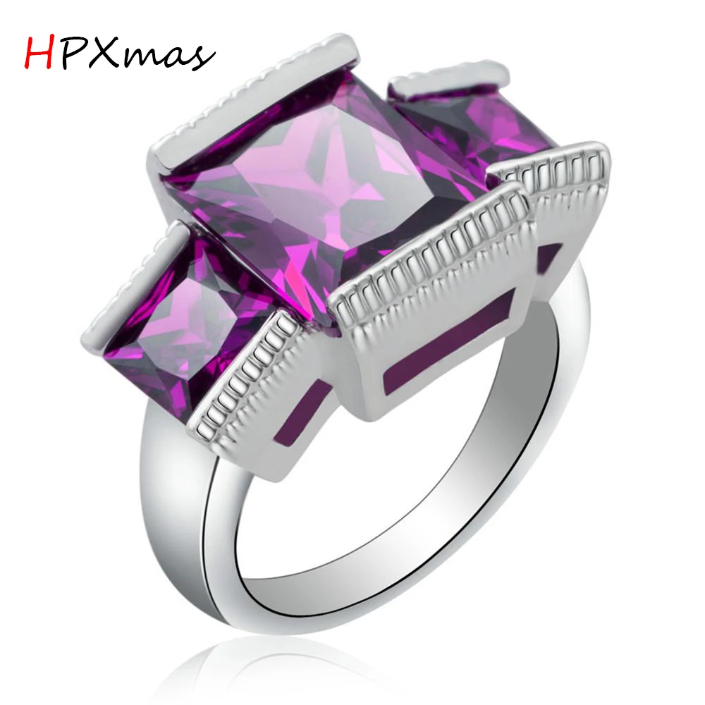 

HPXmas Square Princess cut Exquisite Sparkling Crystal Real Rhodium Plated Rings in Pink/ Purple/Red color Women Jewelry B10