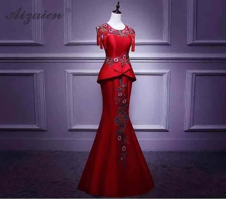 Красный вышивки FishTailing вечернее платье Китай свадебное платье Qipao длинное Ципао китайское Oriental Винтаж Платья для вечеринок