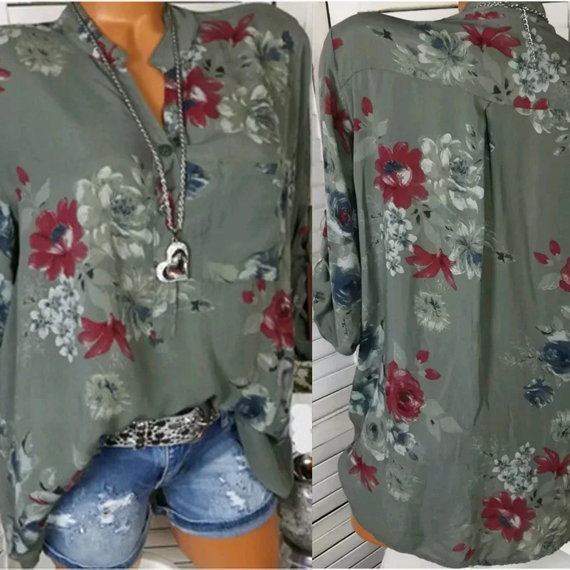 Женская шифоновая блузка с цветочным принтом, рубашка с длинным рукавом и v-образным вырезом, женские топы с принтом, свободные блузки с карманами, Harajuku - Цвет: Green