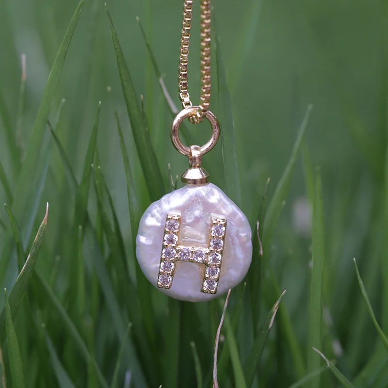 

pave white CZ 26 alphabet letter freshwater pearl gold silver pendant charm thin chain personalized choker necklace for women