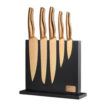 

Hecef Kitchen Knife Block Set of 6, Stylish Rose Golden Titanium Plated Hollow Handle Knives & Ash Wood Magnetic Knife Block