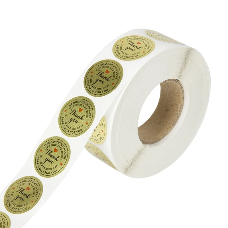 1 Inch Round Gold Foil Handmade With Love And Thank You Stickers / 500 Labels Per Roll