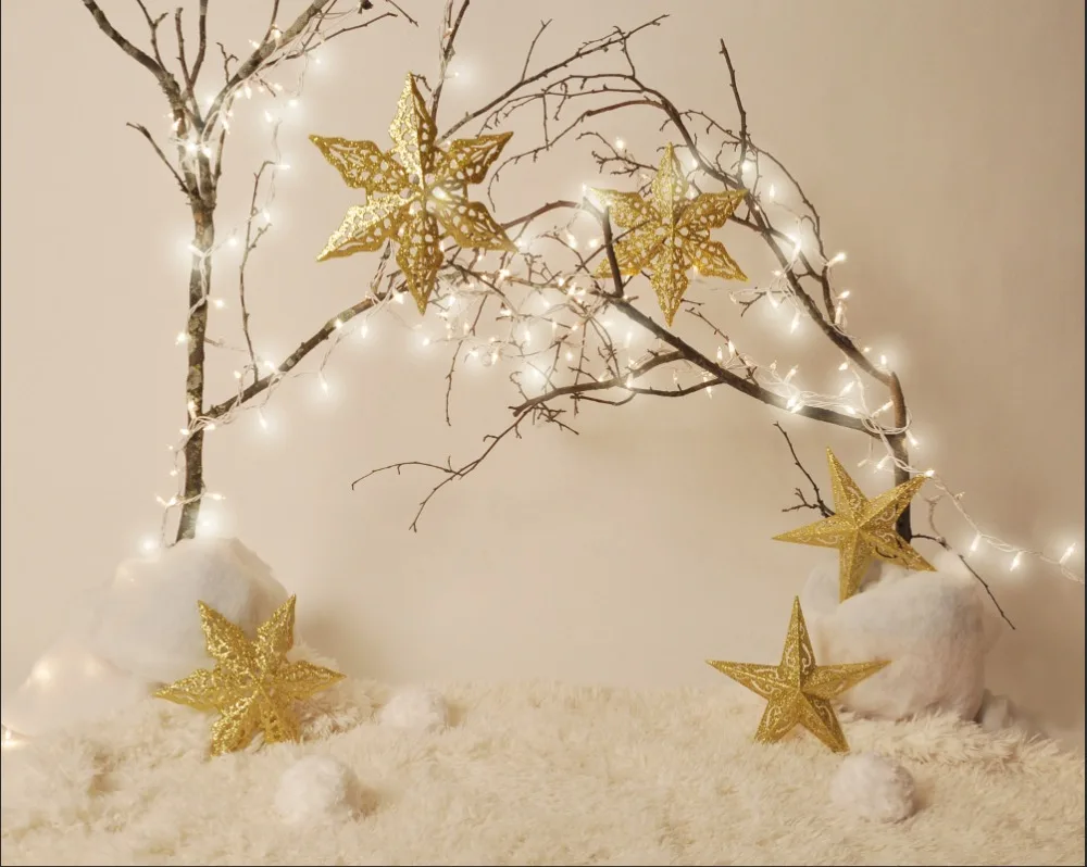 7x5FT Soft Cream Wall Branch Bulbs Velvet Gold Stars Newborn Custom Photo Studio Backdrop Background Vinyl 220cm x 150cm | Электроника