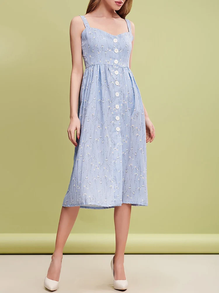 

Summer Floral Print Shirt Dress Women 2019 Blue Sleeveless Spaghetti Strap Sexy Dress Casual Vintage Button Vestidos Robe Femme