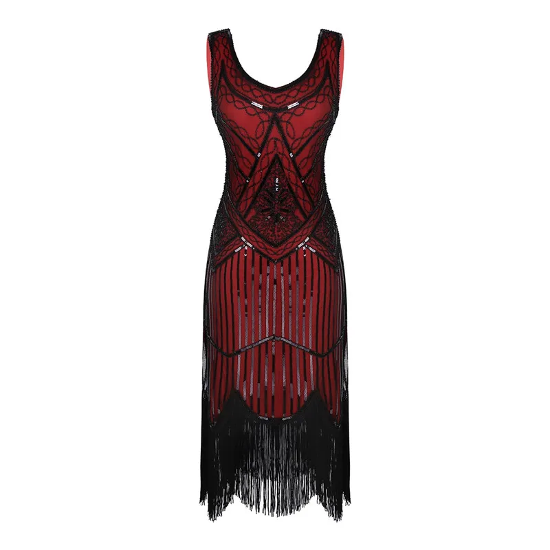 Black Red Женские Блестящие Блестки, расшитые бисером, v-образный вырез, без рукавов, бахрома, кисточки, подол, Хлопушка, платье, коктейльное платье, 1920 s, платье для торжеств, вечерние платья - Цвет: Black Red