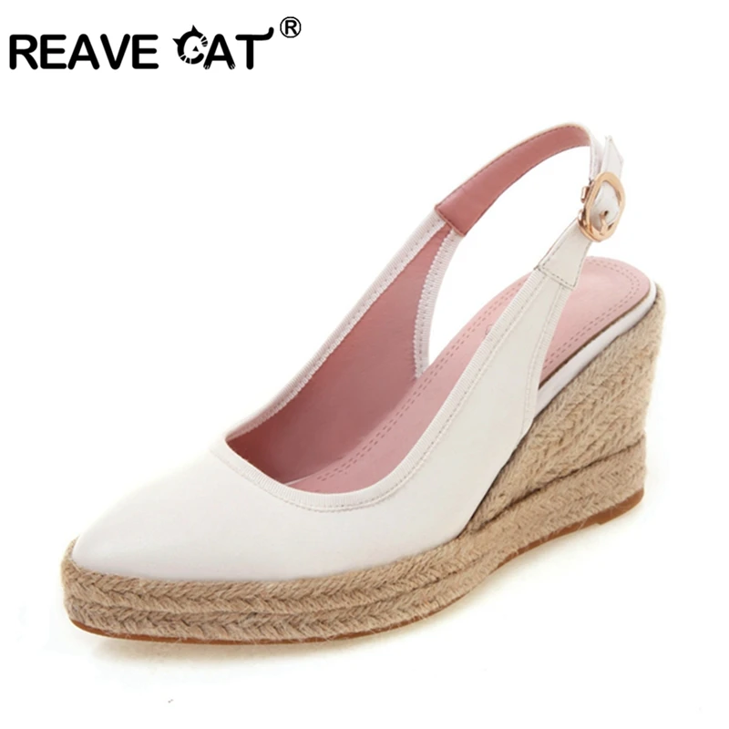 

REAVE CAT 2019 summer pointed toe Sweet lady platform high heels straw handmade Shoes slingbacks Back Strap woman wedges sandals