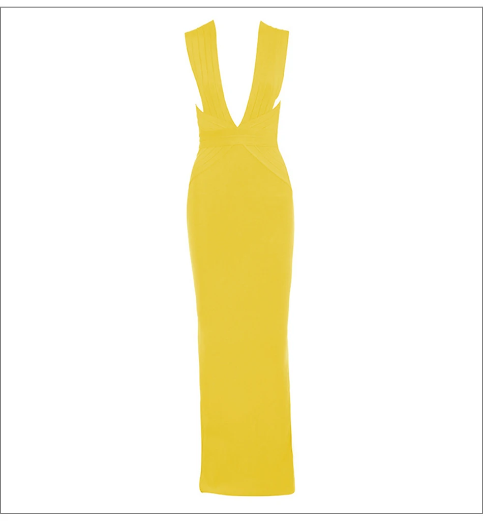 Модное Бандажное платье желтое Сексуальное длинное облегающее платье для вечеринок из вискозы с открытой спиной с глубоким v-образным вырезом вечернее облегающее платье сексуальная женская одежда