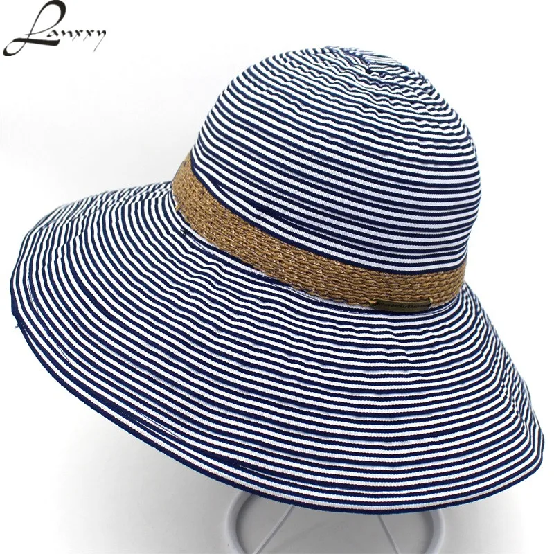Lanxxy 2019 جديد قبعات صيفية للنساء الأزياء مخطط قبعة الشمس واسعة حافة بنما شاطئ كاب طوي دلو الشمس