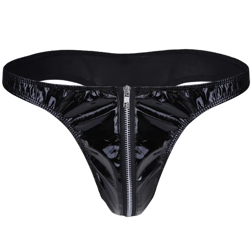 Mens Lingerie Sexy Thongs Bikini Underwear Patent Leather Briefs Underpants with Front Zipper Silky Low-waist Underwear iiniim men stretch g string panties,men stretch thong underwear,men patent leather briefs,men lingerie briefs