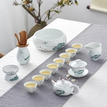 

Jingdezhen White Porcelain Hand-painted Kung Fu Tea Set Ceramic Cover Bowl Living Room Teapot Teacup Simple Fresh Lotus Gaiwan