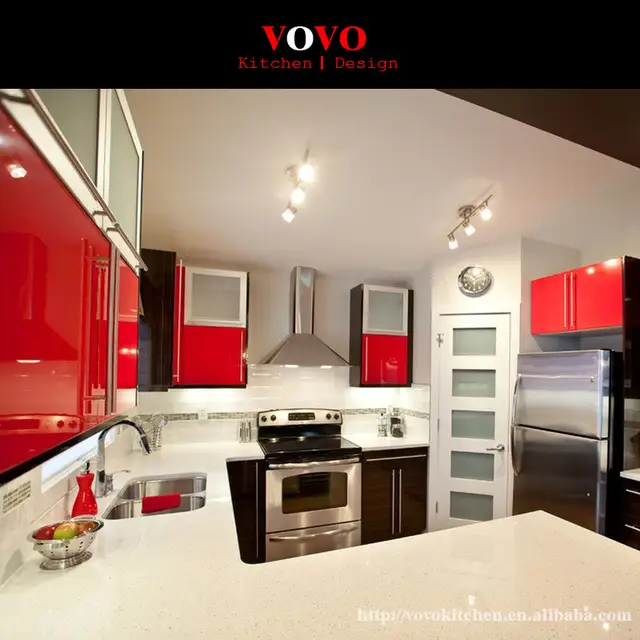 Customized High Gloss Red And White Lacquer Kitchen Cabinets In