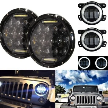 

75W 7" LED Headlight H4 H13 For Jeep Wrangler JK With 4" Led Fog Passing Light