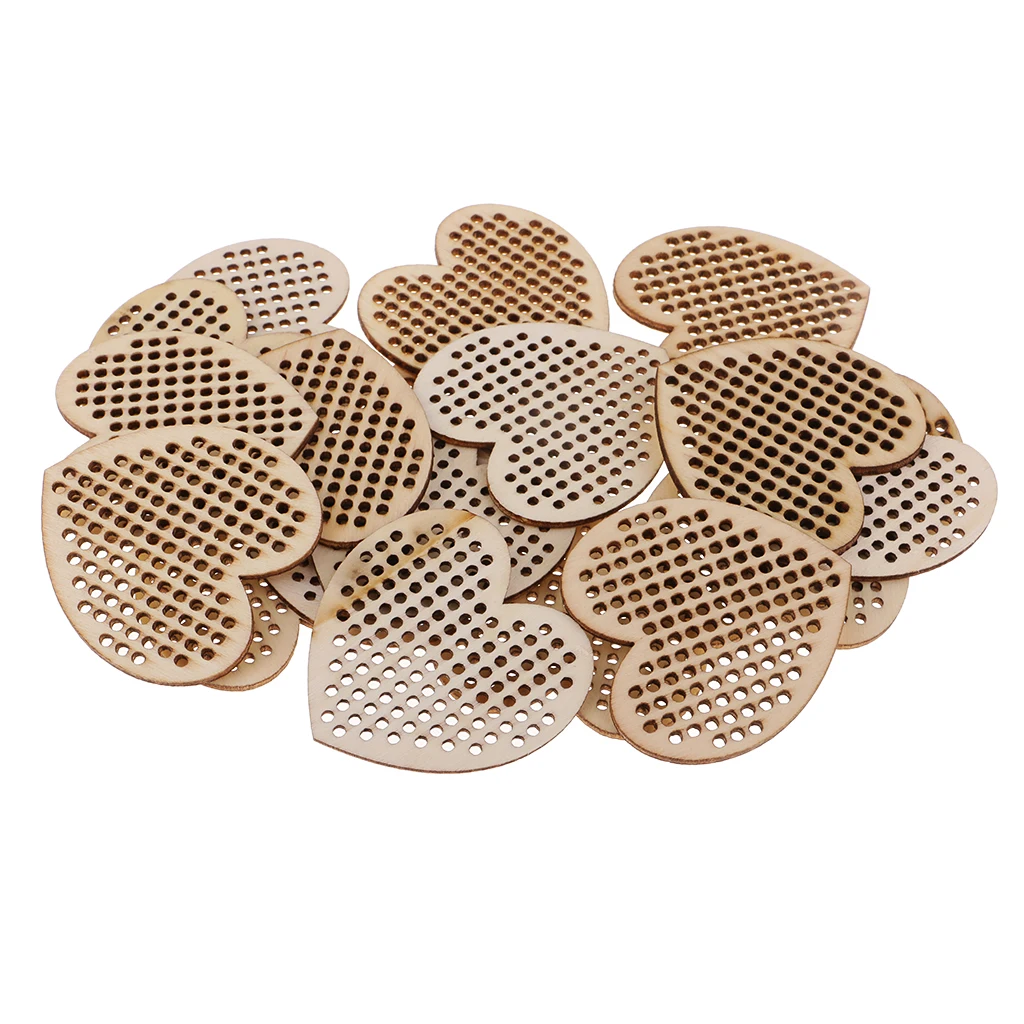 20pcs Oval Round Heart Wooden Cross Stitch Pendant Natural Wooden Embellishment DIY Jewelry Making Craft Wood Charms