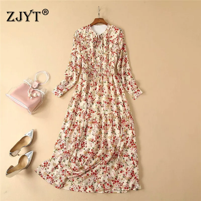 

Europe Fashion Designer Runway Dress Women High Quality Fashion Long Sleeves Floral Print Mid Calf Casual Holiday Dress Summer