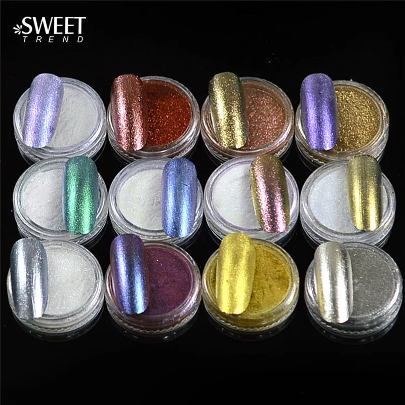 

12pcs/set Shinning Mirror Effect Nail Glitter Powder + Brush Manicure Magic Chrome Pigment Glitters Nail Art Decoration LA01-12