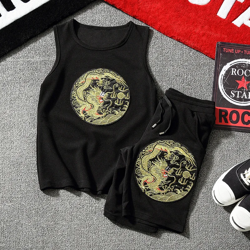 

2019 Short Sets Mens tank top+shorts Set Male embroidery Tracksuit Summer Beach Suit Men's Gyms Set Casual Sportswear vest set