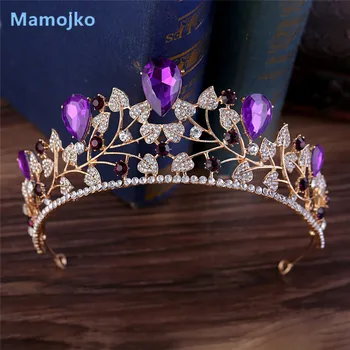 

Mamojko Vintage Purple Red Rhinestone Bridal Tiara Fashion Golden Diadem for Women Wedding Dress Hair Jewelry accessories