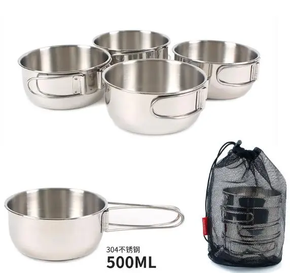 

Stainless steel 4 piece set bowl 500ml small steel bowl camping hiking travel fishing picnic combination tableware
