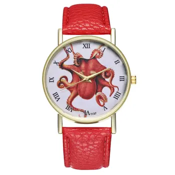 

Women Watchband Red Octopus Leather Strap Quartz Watch Fashionable Popular Unique Gift