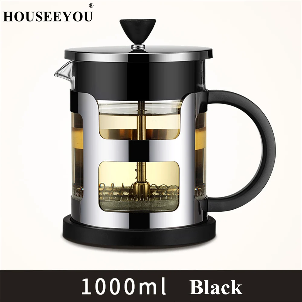 Black 1000ml Нержавеющая сталь портативный французский пресс Кофе чайник машина Moka с фильтром фильтр путешествия боросиликатное стекло кофейник - Цвет: Black 1000ml