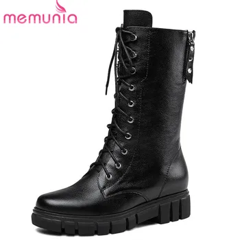 

MEMUNIA 2020 new arrival genuine leather ankle boots for women lace up +zipper fashion autumn boots round toe dress shoes woman