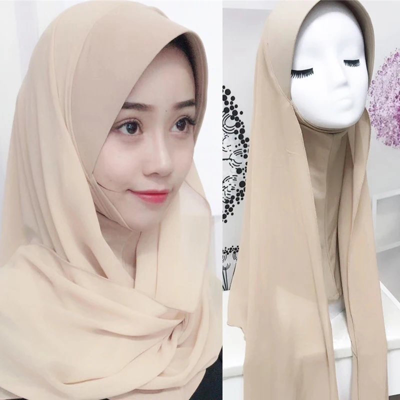 

New Arriva Lady Ethnic Style Shawl Scarfs Soft Thin Summer Plain Headwear Hard Cap Chiffon Stitching Muslim Women Hijab Scarf