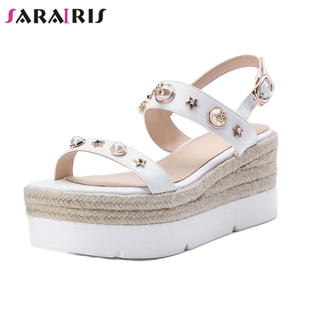 

SARAIRIS 2019 Brand Genuine Leather Rivets pearls Women Wedge High Heel Summer Platform Party leisure Sandals Woman Shoes