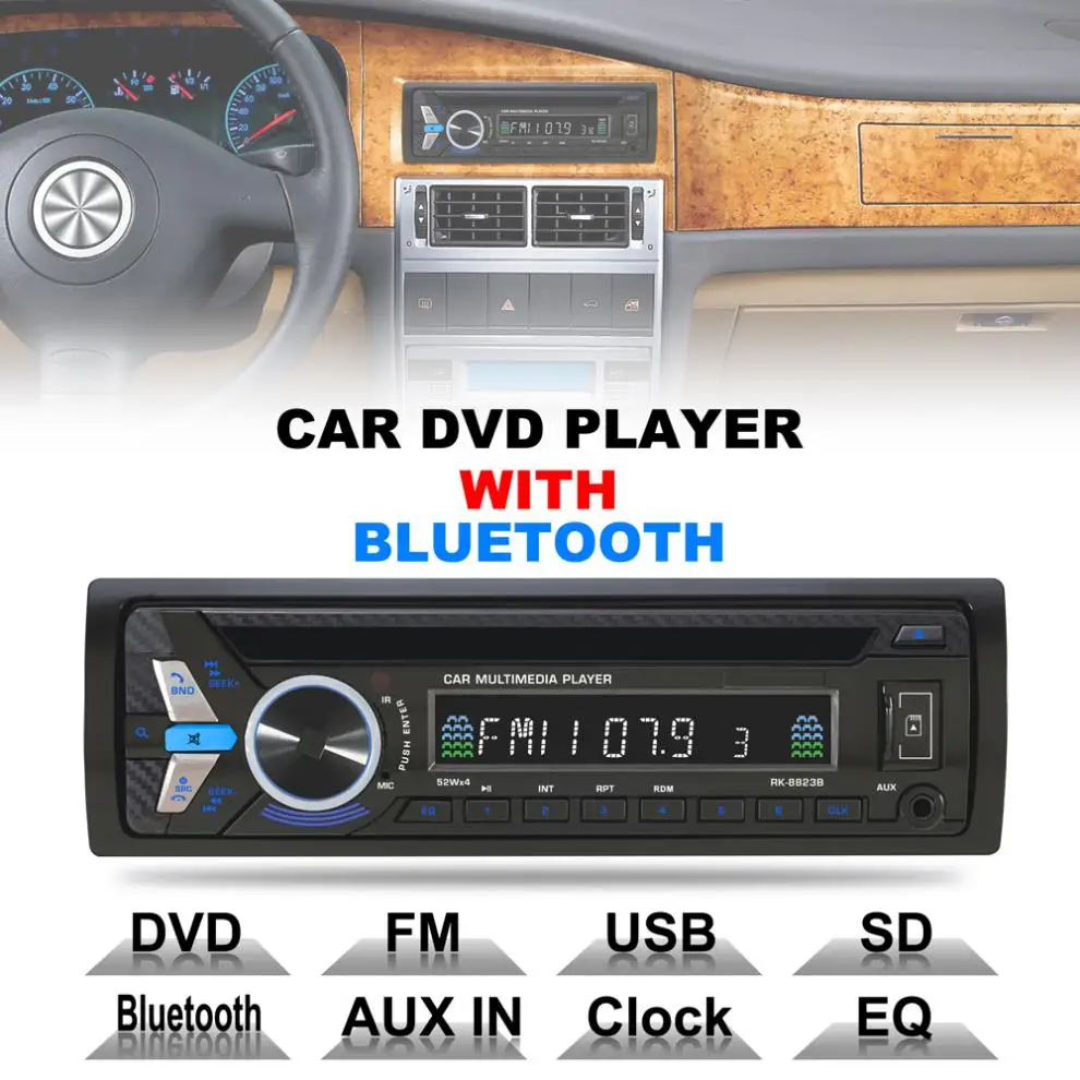 

12V 1 DIN In-Dash Bluetooth Car Stereo FM Radio DVD Audio Multimedia Player Aux Input/VCD/DIVX / MP4 / MP3 with Remote Control